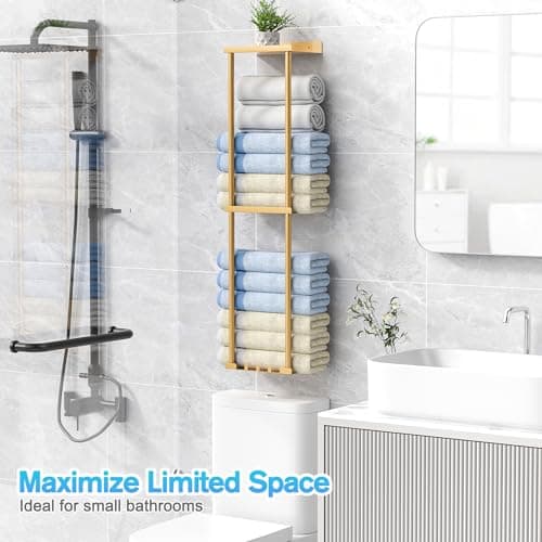 Liuoud Towel Rack for Bathroom, Wall Mounted Vertical Rolled Towel Storage Organizer Holder with Shelf, Holds Up 6 Large Bath Sheets, Gold 6