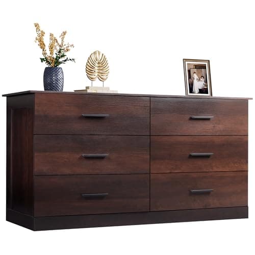WLIVE Wooden Dresser for Bedroom, Wide Chest of Drawers with 6 Drawers, Large Brown Storage Tower Unit, Modern Minimalist Closet Store Organizer for Living Room, Hallway