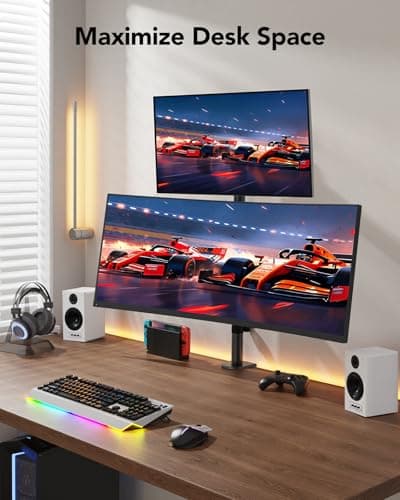 HUANUO Vertical Dual Monitor Mount, Stacked Monitor Stand for 2 Monitors with Height Adjustment Computer Monitor Arm Supports Two 17 to 32 Inch with C Clamp Each Desk Mount Hold up to 17.6lbs 6