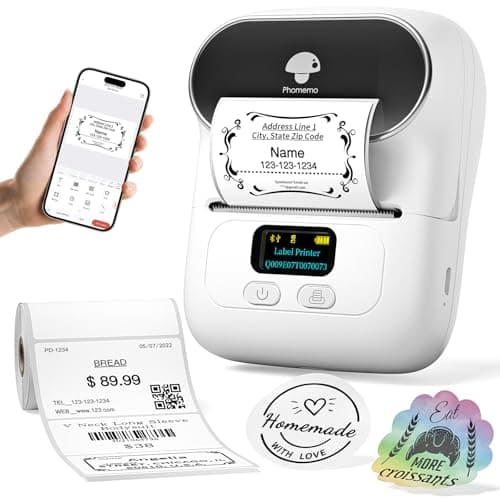 Phomemo Label Printer M110 Upgraded Label Maker Bluetooth No Ink Portable for Small Business, Address, Office, Home for Phone; for PC/Mac(USB), with 100 Labels, White