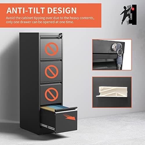 IKIMI 4 Drawer File Cabinet,Metal Filing Cabinets with Lock,Black Vertical File Cabinet for Home Office,Heavy Duty Metal Storage Cabinet for A4/Letter/Legal Size File,Assembly Required 5