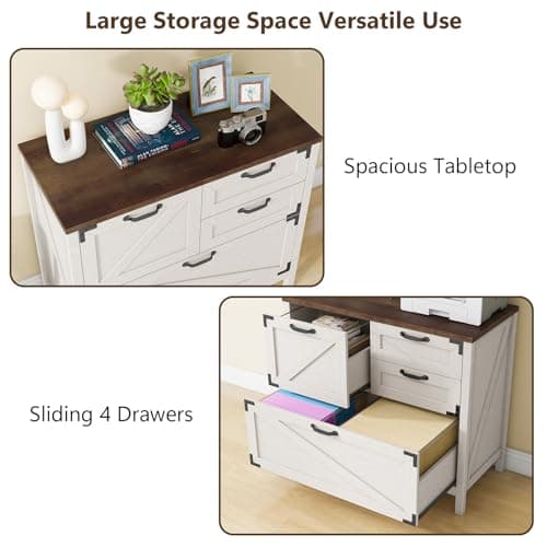 Halitaa Lateral File Cabinet with 4 Drawers Farmhouse File Cabinet for Letter/Legal/A4 Size Hanging Files, Large Wood File Storage Cabinets Printer Stand for Home Office Cabinet, Rustic White 5