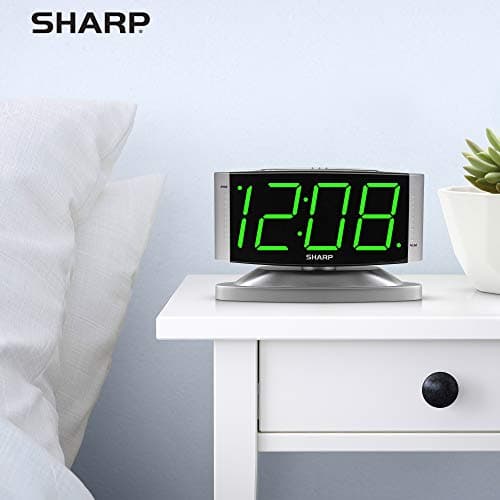 Sharp Home LED Digital Alarm Clock – Swivel Base - Outlet Powered, Simple Operation, Alarm, Snooze, Brightness Dimmer, Big Green Digit Display, Silver Case 5