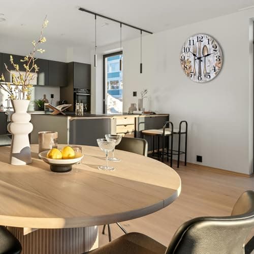 Keepcross Kitchen Wall Clock Fork & Spoon Cutlery Theme Rustic Modern Farmhouse Decor Glass Clock for Kitchen, Dining Room - 8 Inch, Battery Operated 7