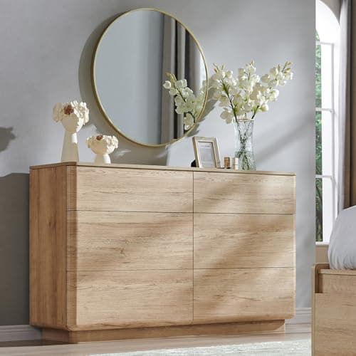 ACCOHOHO Modern 6 Drawer Dresser for Bedroom, 52" Wide Wooden Dressers with Large Storage,Handleless Chest of Drawers TV Stand for Living Room & Hallway, Curved Profile Design,Natural Oak