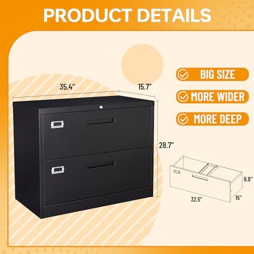 Lateral File Cabinet with Lock 2 Drawer Metal Filing Cabinet, Lateral Filing Cabinet with Lock for Home Office, Locking Metal Steel Wide File for Legal/Letter A4 Size Black 3
