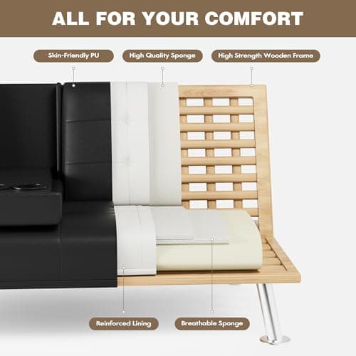 Homall Futon Sofa Bed, Leather Futon Couch with Removable Armrests, Adjustable Recliner Sleeper Sofa Bed with Dual Cup Holders for Living Room, Apartment, Office (Black) 6