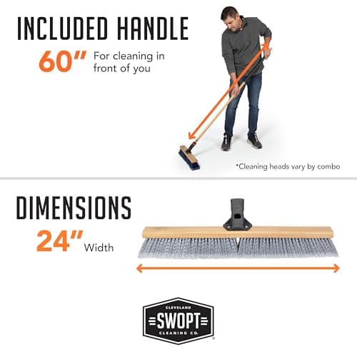 SWOPT 24” Premium Smooth Surface Push Broom + 60" EVA Foam Comfort Grip Wooden Handle, Combo — Cleaning Head with Interchangeable Long Handle, Works with All SWOPT Cleaning Products — Push Broom Set 6