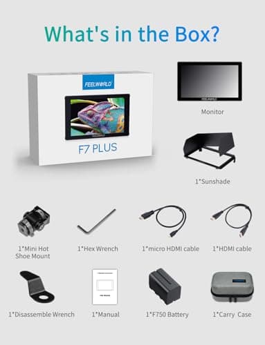 FEELWORLD F7 Plus 7 Inch 1200nit DSLR Camera Field Monitor with F750 4400mAh Battery and Bag High Brightness Touchscreen 3D Lut HDR Waveform F970 Install and Power Kit 4K 60Hz HDMI in Out 9