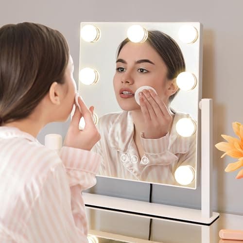 Kotdning Vanity Mirror with Lights,Lighted Vanity Mirror with 9 Dimmable Bulbs for Dressing Room & Bedroom,3 Color Lighting,Modes Detachable 10x Magnification 360°Ratation(White) 12" L x 14.4" W 5