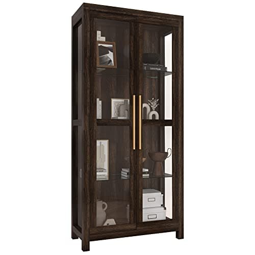 BELLEZE Glass Display Cabinet, Tall Curio Cabinet with Tempered Glass Doors for Living Room, Trophy Display Case - Avalon (Dark Walnut) 7