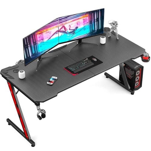 Homall Gaming Desk Computer Desk with Carbon Fiber Surface, Gaming Table Z Shaped PC Home Office with Cup Holder&Headphone Hook(63 in, Black)