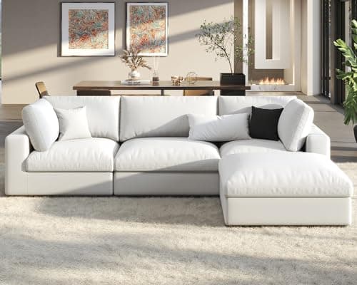 PaPaJet Modular Sectional Sofa, 114 Inches Oversized Down Filled Sectional Sofa, 4 Seats L Shaped Comfy Couch with Chaise, Ottoman, Could Sofa for Living Room, White Linen Couch Set 7