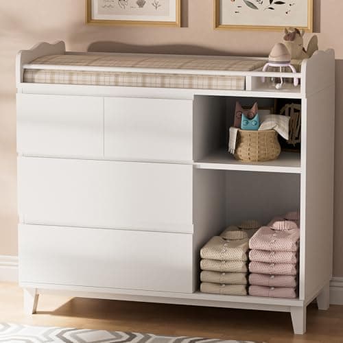 HPWLYO Nursery Dresser with Changing Table Top, Tall Changing Table Dresser for Bedroom, Wooden Baby Dressers & Chests of Drawers, 4 Drawers with 2 Open Shelves White