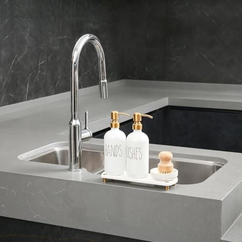 MOMEEMO Gold Soap Dispenser Set Comes with Stainless Steel Pumps, Instant Dry Tray, and Dish Scrub Brush, Suitable for Kitchen Decor and Accessories. (Gold) 5