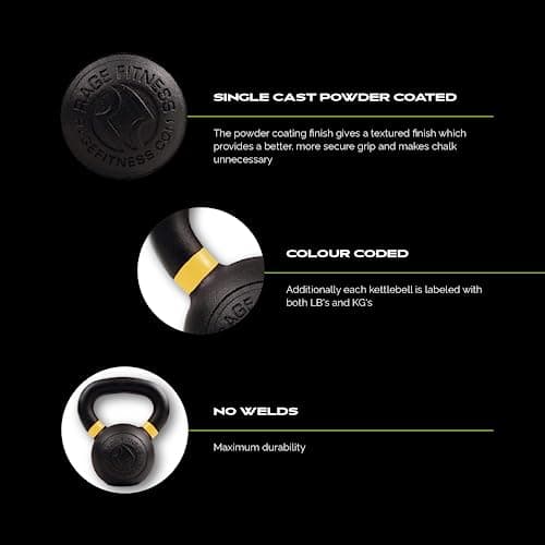 RAGE Fitness Powder Coated Kettlebells For Strength Training, (6kg, 8kg, 10kg, 12kg, 16kg, 20kg - SOLD INDIVIDUALLY), Conditioning and Cross Training, Pound and Kilogram Markings, Color Coded 6