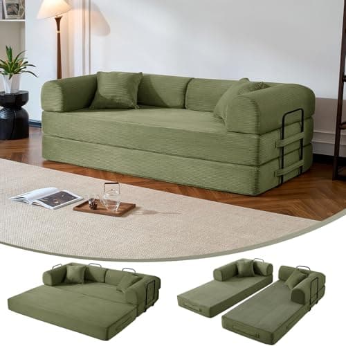 NNQ Compressed Sofa, Convertible Sofa Bed, Corduroy Compression Boneless Couch with Pillow, Comfy Modular Foldable Floor Sleeper Sofa for Bedroom, Living Room, Lounge, Studio (Light Green)