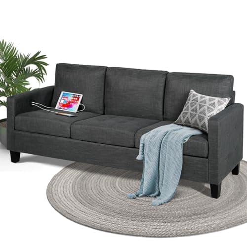 STHOUYN 72" W 3 Seater Couch Sofa with USB Ports, Grey Comfy Couches for Small Spaces, Mid Century Modern Gray Couch for Living Room Apartment Bedroom (Dark Grey)