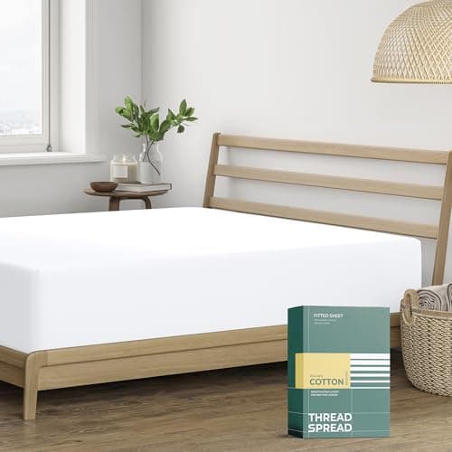THREAD SPREAD 100% Organic Cotton Percale Weave Fitted Sheet, Deep Pocket, Crisp and Cool Bed Linen - GOTS Certified Sheets - 1 PC, King White