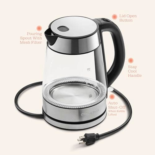 Speed-Boil Electric Kettle For Coffee & Tea - 1.7L Water Boiler 1500W, Borosilicate Glass, Easy Clean Wide Opening, Auto Shut-Off, Cool Touch Handle, LED Light. 360° Rotation, Boil Dry Protection 9