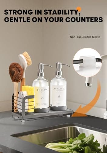 Kitchen Soap Dispenser Set with Drying Tray – 16oz Glass Bottles with Stainless Steel Pumps, Sink Organizer Caddy with Brush Holder & Non-Slip Feet – All-in-One Dish & Hand Soap Station 5