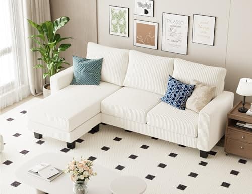 Homall Sofa for Living Room, Couch with Convertible Chaise, 3 Seat L-Shaped Sofas, Comfy Corduroy Couches for Apartment, Small Space, Cream 5