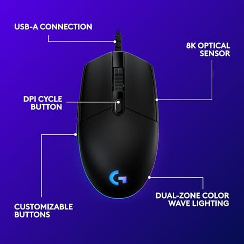 Logitech G203 Wired Gaming Mouse, 8,000 DPI, Rainbow Optical Effect LIGHTSYNC RGB, 6 Programmable Buttons, On-Board Memory, Screen Mapping, PC/Mac Computer and Laptop Compatible - Black 8