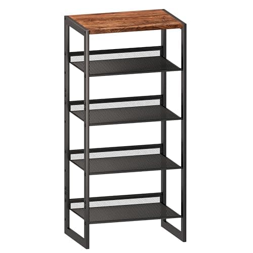 CHEMPFR Narrow 5-Tier Shoe Rack, Slim Space-Saving Shelf with Decorative Wood Top & Steel Mesh, Entryway/Closet/Dorm Organizer, 16.5x11.8x36 Inches
