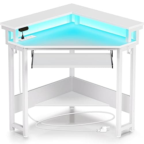 Rolanstar Corner Desk, 44.5" W x 34.5" H Small Computer Desk with Power Outlets, Gaming Desks with LED Lights, Triangle Corner Table with Keyboard Tray & Monitor Stand for Small Space, White