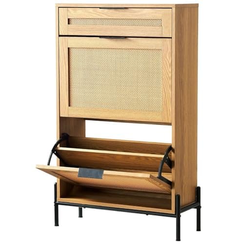 VEVOR Rattan Shoe Cabinet, Narrow Shoe Storage Organizer with 2 Flip Rattan Drawers & 1 Slide Drawer, Metal Legs, Slim Shoe Entryway Cabinet Ideal for Entryway, Closet, Hallway, Light Wood Color