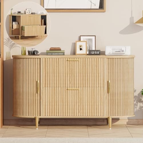 SEDETA 2 Drawer File Cabinet, 39.4" Filing Cabinet for Home Office, fit Legal/Letter/A4 Size, Modern Fluted Filing Cabinets with 2 Sliding Door Storage, Printer Stand, Natrual