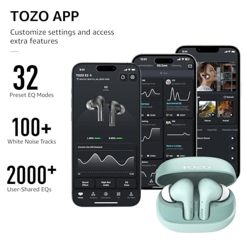 TOZO E2 Wireless Earbuds 10mm Drivers with Powerful Bass, App Customize 32 EQs, with 2 Mics AI Call Noise Cancellation, 30H Playtime, Bluetooth 5.3 Ear Buds, Comfort Fit in-Ear Headphones 5
