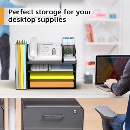 DocNest 4 Tier Paper Letter Tray File Organizer, Mesh Desk File with Handle, Workspace Desk Organizers with Pen Holder, Office Organization Storage Accessories - Black 5