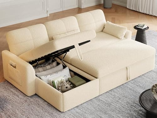 YITAHOME 86" Sleeper Sofa, 2 in 1 Convetible Sofa Bed with Pull Out Couch Bed and Storage Chaise,L-Shape Sectional Sofa for Living Room, Teddy Fleece, Beige 8