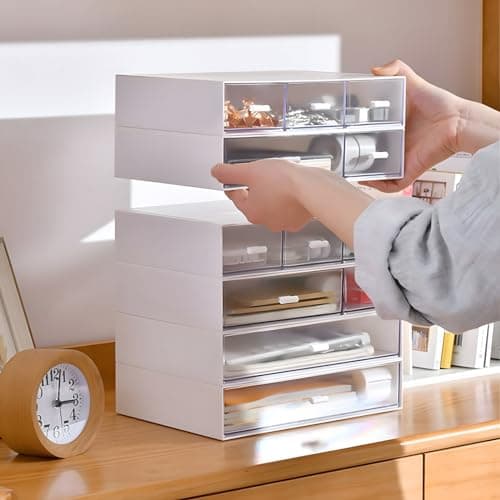 OSteed Desk Craft Organizer and Storage with 7 Flat Drawers, Stackable Plastic Desktop Accessories & Workspace Organizer for Office Stationary, Makeup Skincare, Sanitation Supplies, White 5