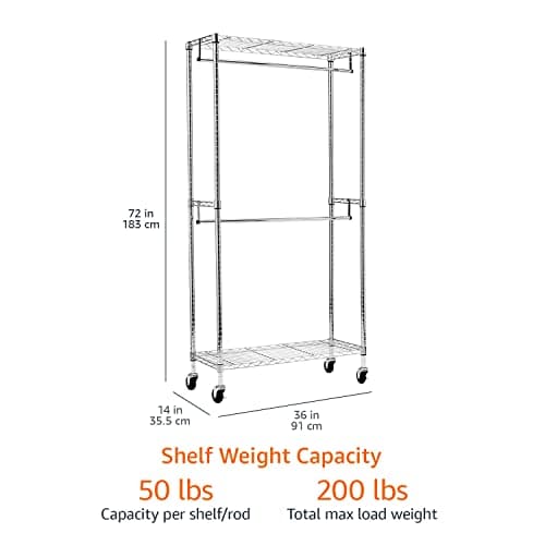 Amazon Basics Adjustable Clothes Rack for Handing, Double Hanging Rod Garment Rolling Closet Clothing Organizer, Chrome, 36'' x 14'' x 72'' 5
