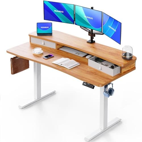 HUANUO 55″ x 26″ Electric Standing Desk with 2 Drawers, C-Clamp Mount Compatible, Height Adjustable Computer Desk, Home Office Stand Up Desk with 4 Preset Heights & 2 Hooks, Light Vintage