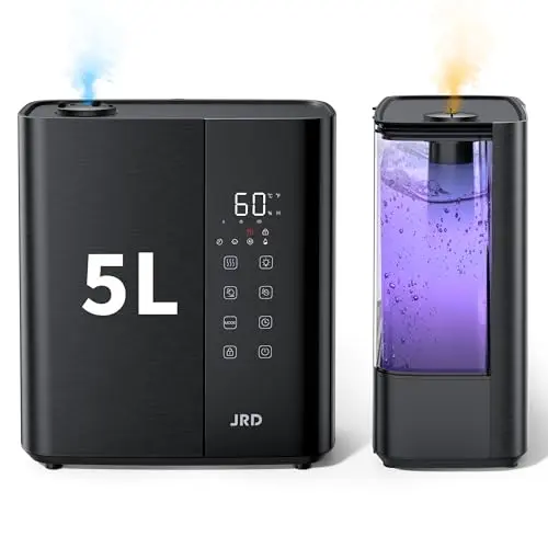 JRD Warm & Cool Mist Humidifiers for Bedroom 5L, Quiet Ultrasonic Air Humidifier Fast Symptom Relief, 50H Runtime, Oil Diffuser, 12H Timer, 7 Color Light for Large Room, Office, Baby, Plants-Black