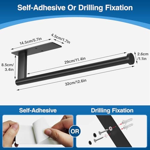 Paper Towel Holder Under Cabinet - Stainless Steel Paper Towel Holder Wall Mount, Self-Adhesive or Drilling, Matte Black Towel Rack for Kitchen Organization and Storage, Kitchen Paper Roll Holder 6