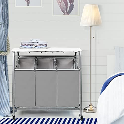 3 Bags Laundry Sorter Cart, Heavy Duty Rolling Laundry Hamper Sorter with Ironing Board(Grey) 3