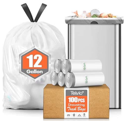 Teivio 12 Gallon 100 Counts Strong Drawstring Trash Bags Garbage Bags, Medium Kitchen Trash Can Bathroom Bin Liners, Plastic Trash Bags for Home Office Kitche, White