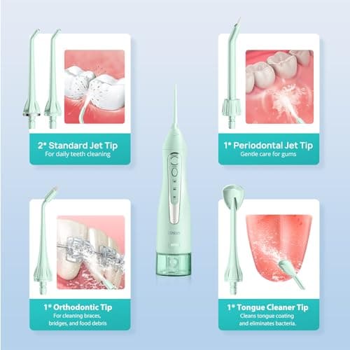 COSLUS Water Dental Flosser Teeth Pick C20(F5020E): Portable Cordless Oral Irrigator 300ML Rechargeable Travel Irrigation Cleaner IPX7 Waterproof Electric Flossing Machine for Teeth Cleaning, Green 8