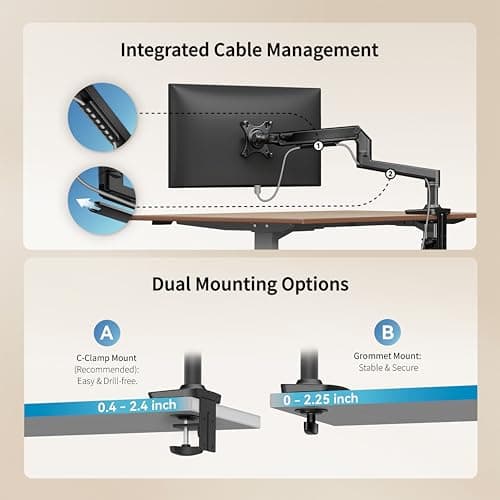 Ergounion Single Monitor Arm Desk Mount, Holds Screens up to 40 Inches and 25 lbs, Fully Adjustable Vesa Monitor Mount with C-Clamp and Grommet Base, Aluminum, Black 6