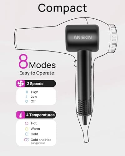 Hair Dryer, High-Speed Ionic Low Noise Blow Dryer with Brushless Motor for Fast Drying, Thermo-Control Quiet Compact Hair Blow Dryer with Magnetic Diffuser for Curly Hair for Home Travel Salon 7