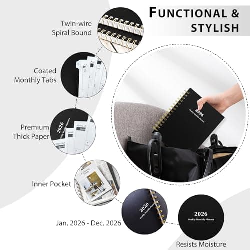 Ymumuda 2026 Planner, Daily Weekly and Monthly Planner，Jan 2026 - Dec 2026, 8.4" x 6.3", 2026 Calendar Planner Book with Tabs, Spiral Notebook with Inner Pocket for Office Home School Supplies 5