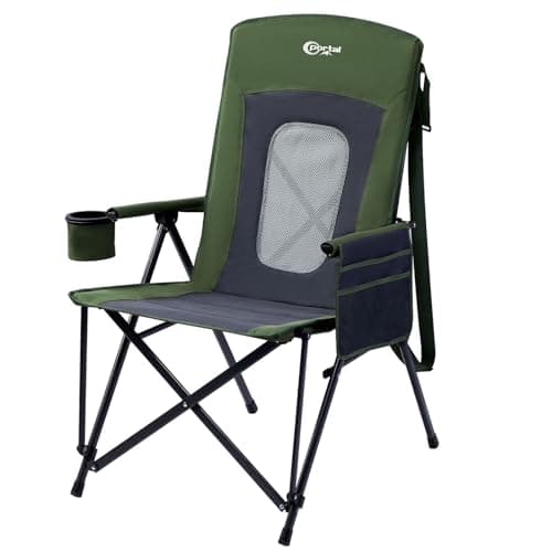 Portal Oversized Folding High Back Portable Lawn Chairs for Adults Outdoor Camp Sports Hunting Fishing Backyard with Hard Armrest Cup Holder Carrying Strap, Supports 400LBS, Green