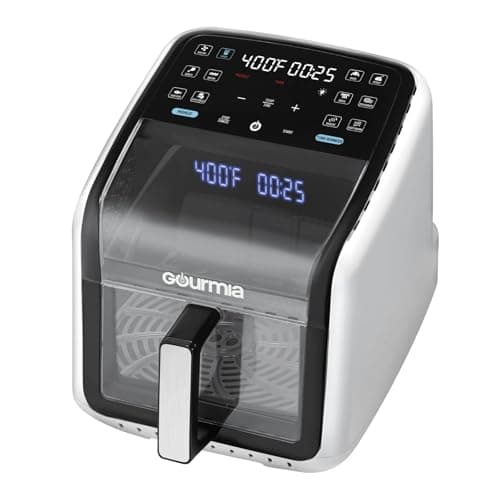 Gourmias Panorama 7-Quart Digital Air Fryer with Panoramic Viewing Window, Holographic Display, 12 Cooking Presets, FryForce 360° Technology, Dishwasher-Safe Nonstick Basket, 1500 Watts, White