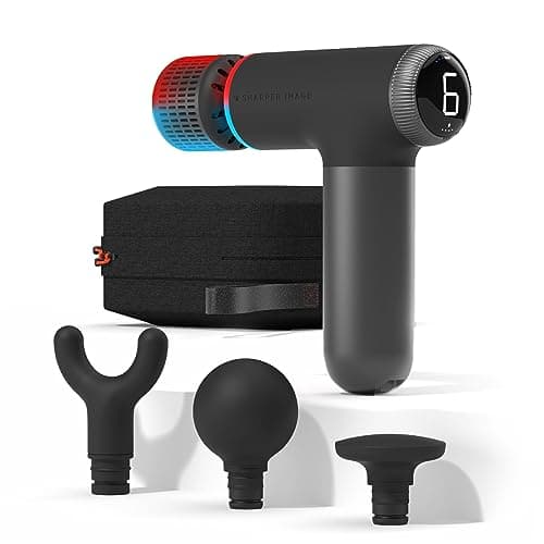 Sharper Image® Powerboost® Pro+ Hot & Cold Compact Deep Tissue Massage Gun - 6 Speed, 4 Attachments, Travel Case| Soothing Heat & Cold Therapy| Portable Lightweight Full Body Shoulder & Back Massager