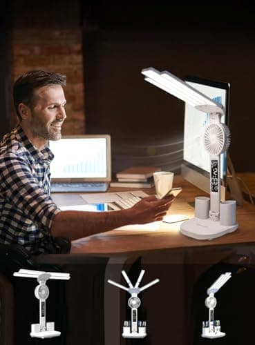 niccryle Led Desk Lamp with Fan Study Light with Clock, Adjustable Foldable Table Lamp with Pen Holder, 3 Brightness Levels, USB Charging Port 5