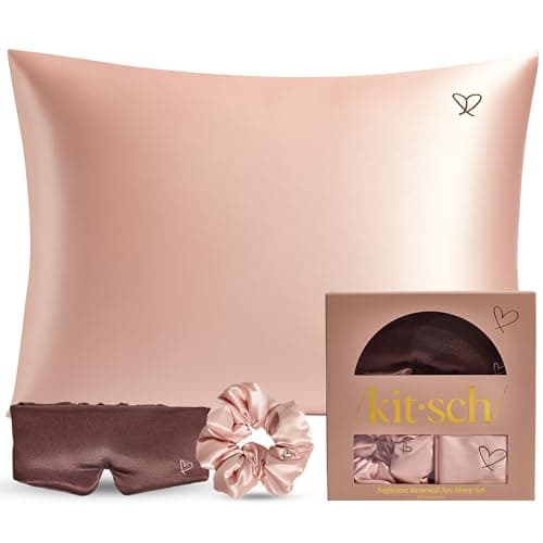 Kitsch Night time Renewal 3PC Sleep Set - Satin Pillowcase with Zipper for Hair & Skin - Softer Than Silk, Queen/Standard Size with Satin Pillow Scrunchie No-Damage Hair Tie and Satin Pillow Eye Mask